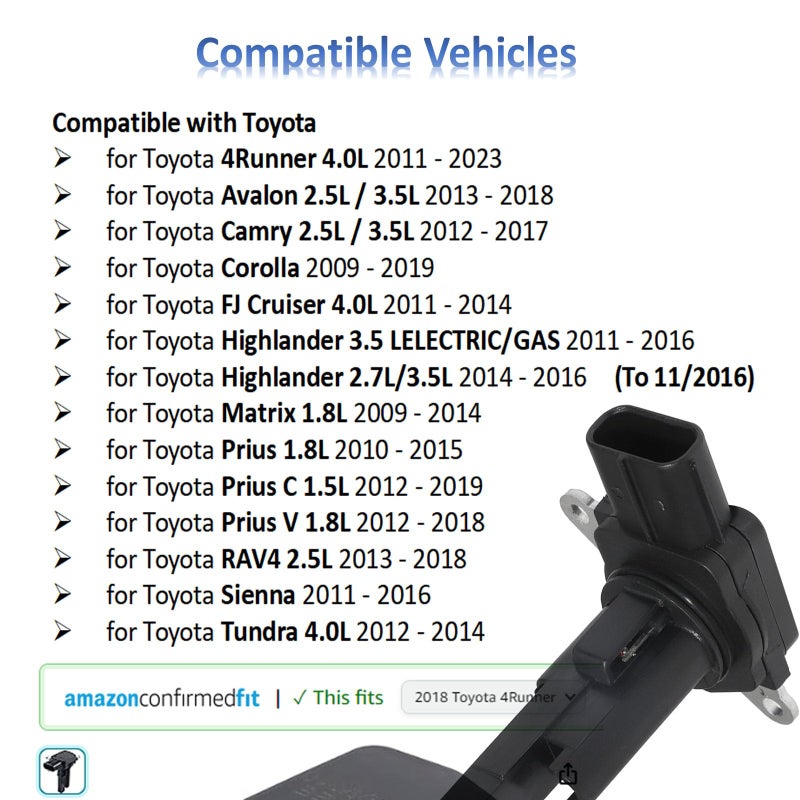 MANATEE 22204-0V010 Mass Air Flow Sensor Compatible with 2010-2020 Toyota Camry Corolla Sienna 4Runner Prius, Lexus CT200H RX350 HS250h GS350, Scion TC, 22204-0V020 22204-28010 MAF Meter Sensor - Image 3